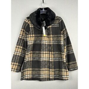 Ellen Reyes Women's Coat S Small Beige Black Plaid Wrap Front Faux Fur 2633